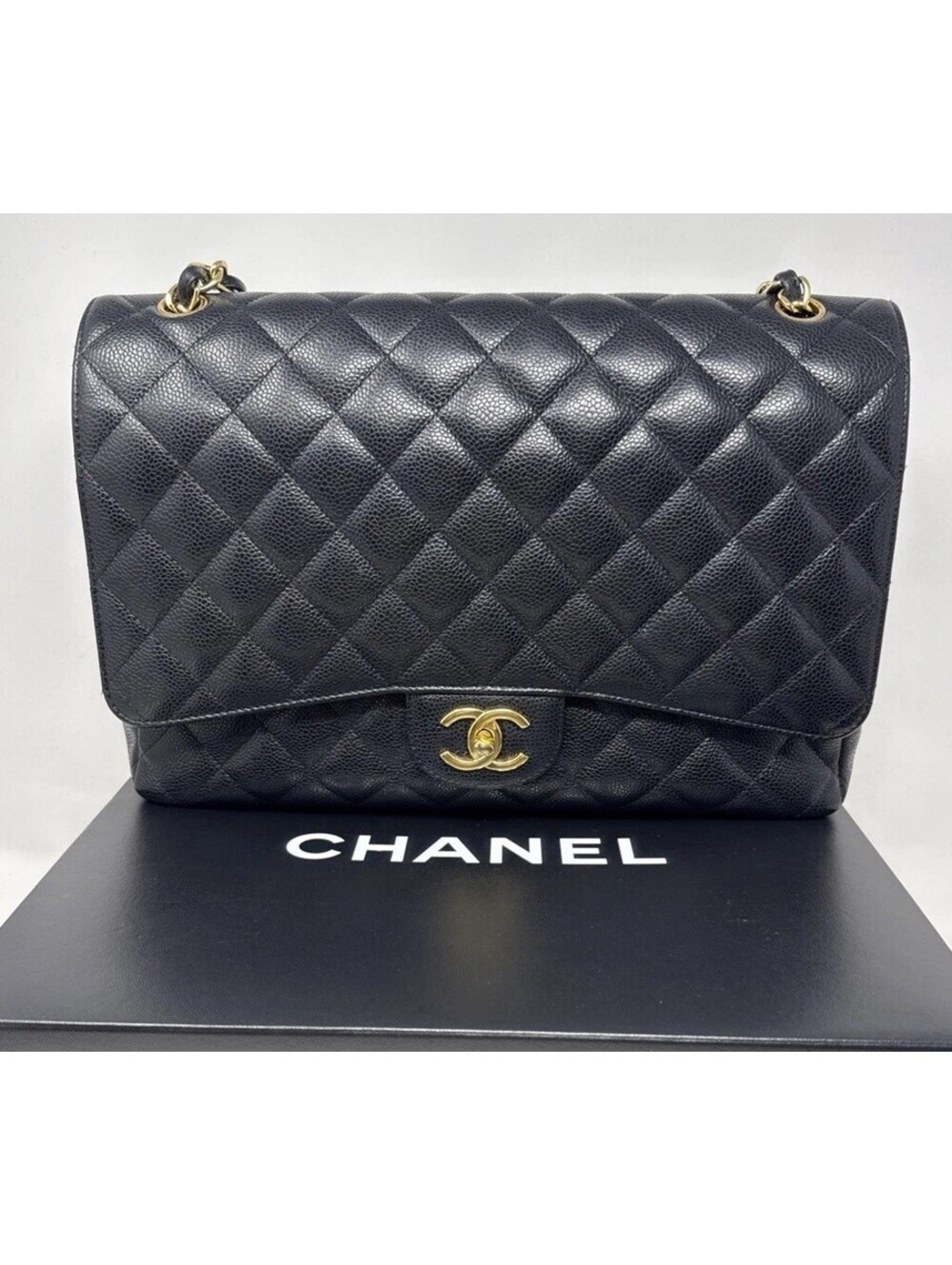 Auth Chanel Classic Quilted Double Flap Black Caviar Leather Maxi Gold HW COA